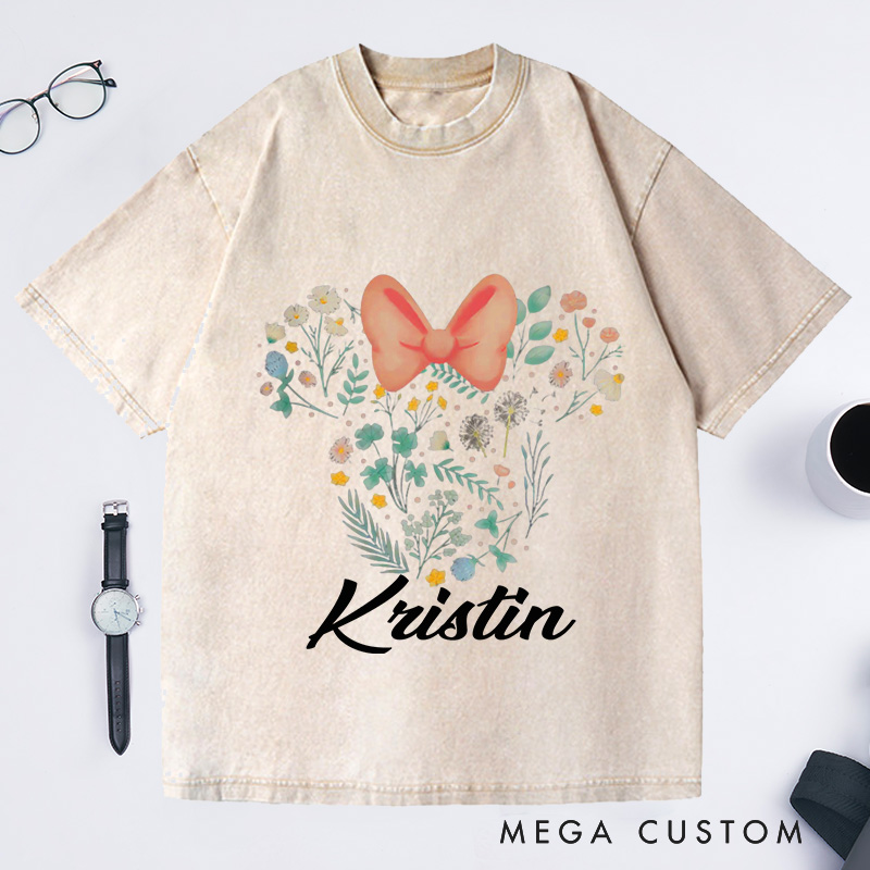 Personalized Floral Mouse Head Washed T-Shirts Nature Lover Gifts for Gardening Enthusiasts