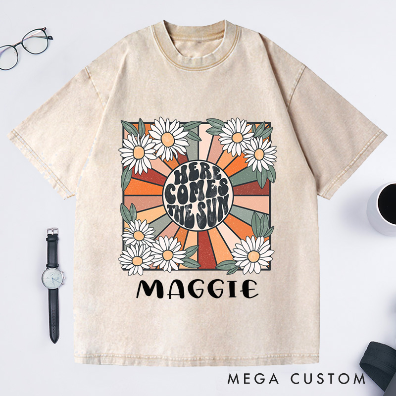 Personalized Here Comes the Sun Washed T-Shirts for Women Travel Beach Vacation Shirt Sunshine Shirt Beatles Retro Shirt Motivational Shirt Gift for Her