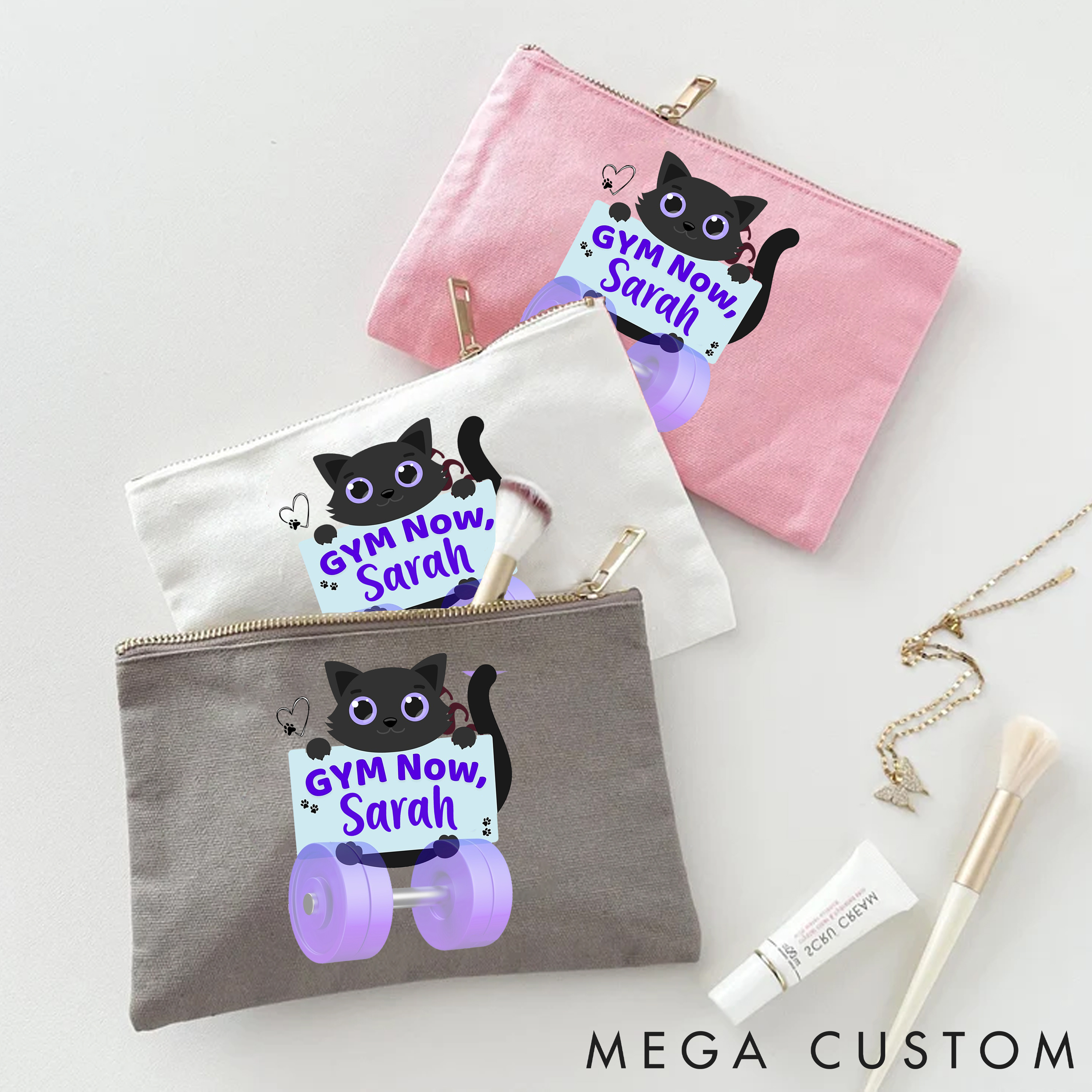 Personalized Zipper Makeup Bag with Black Cat and Dumbbell Theme for Fitness Enthusiasts Bodybuilders and Gym Lovers