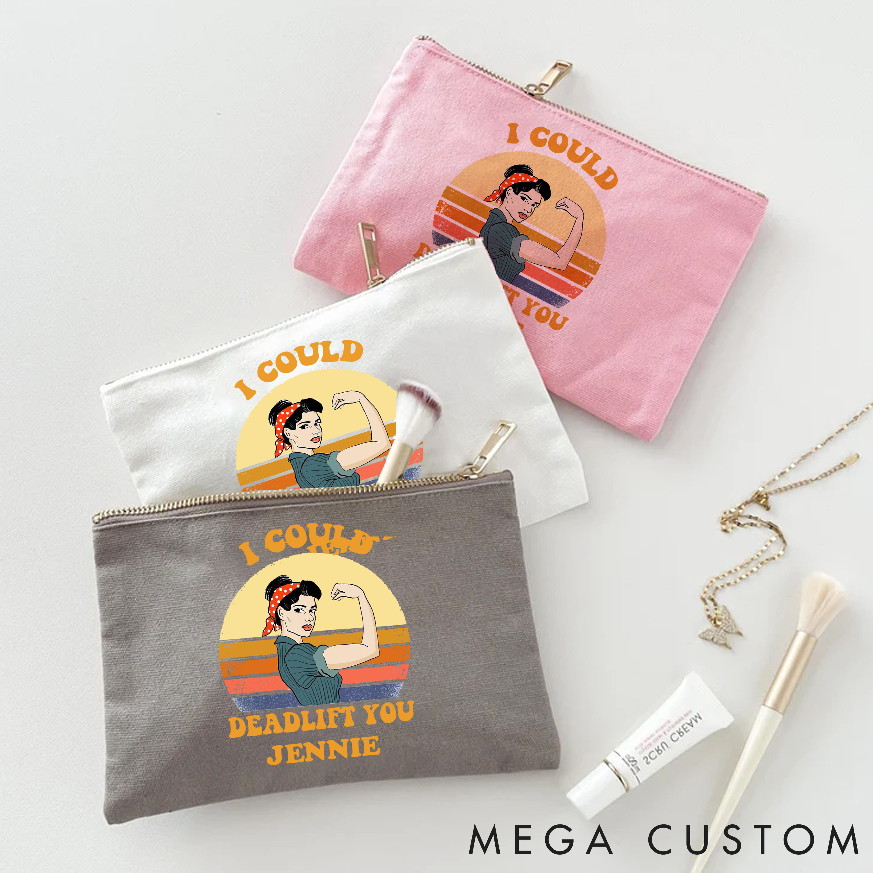 Personalized Zipper Makeup Bag with Empowering Deadlift Theme for Fitness Enthusiasts Bodybuilders and Gym Lovers