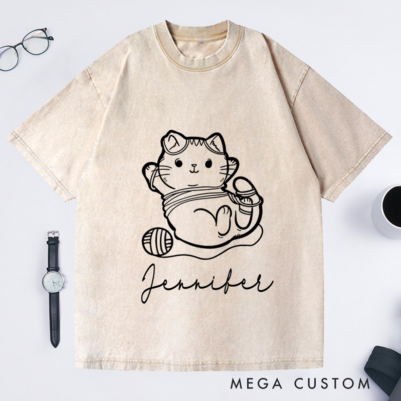 Personalized Cat and Yarn Knit Washed T-Shirts Knitting Gift Knitter Gift Love to Knit Love Knitting Knit Lover