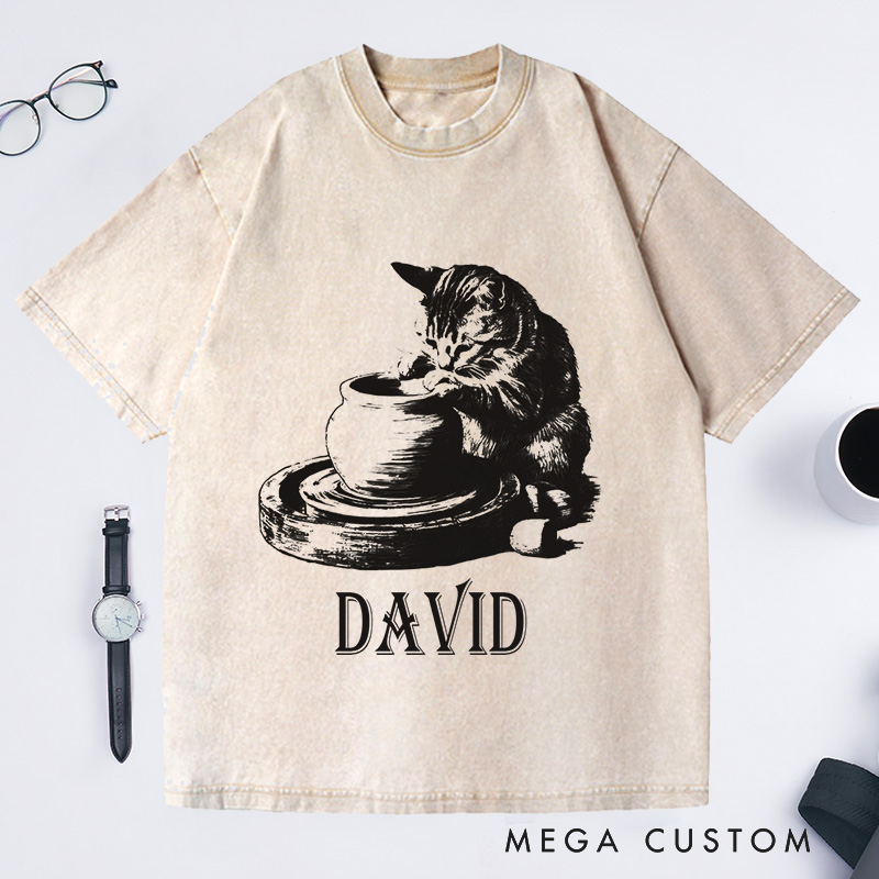 Personalized Cat Pottery Washed T-Shirts Pottery Lover T-Shirt Funny Cat Woman Shirt Weird Animals Shirts Vintage 90s Tattoo Graphic Tee