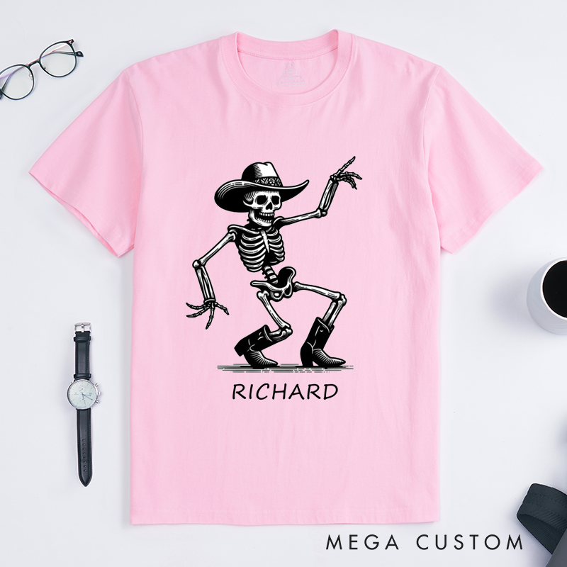 Personalized Dancing Skeleton Cowboy T-Shirts Unique Western Cowboy Skeleton Gift for Men Custom Name Rodeo Skeleton In Hat and Boots Shirt for Dad Husband Friends
