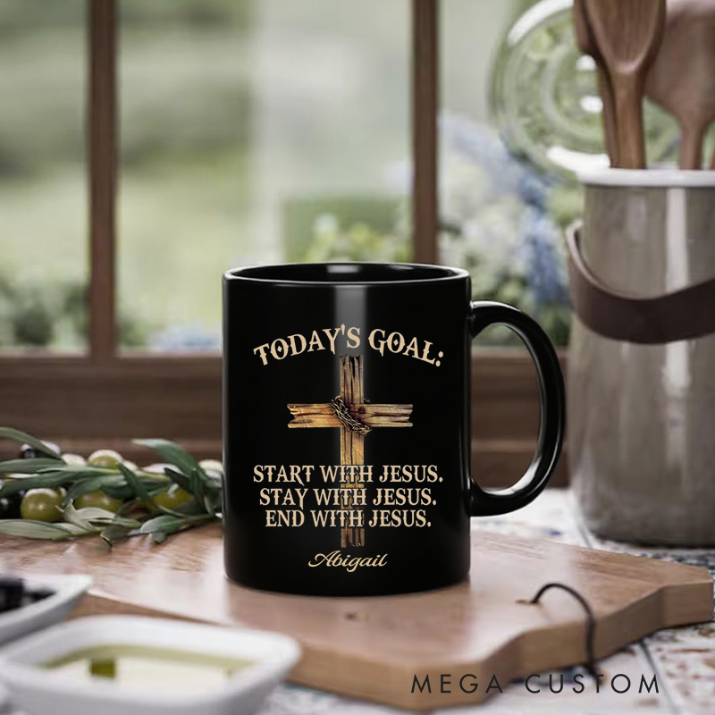 Personalized Today's Goal Start Stay End with Jesus Ceramic Mug with Name Religious Gift Birthday Gift for Christians