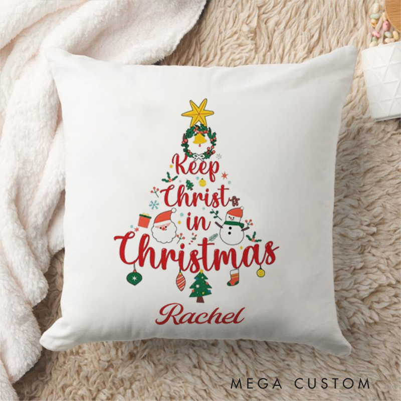 Personalized Keep Christ in Christmas tree Throw Pillow with Name Birthday Gift for Family Religious Gift for Christian Christmas Gift