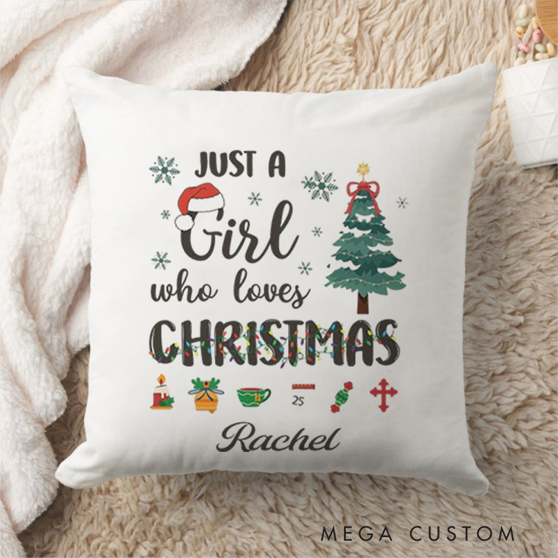 Personalized Just a girl who loves Christmas Throw Pillow with Name Birthday Gift for Family Religious Gift for Christian Christmas Gift
