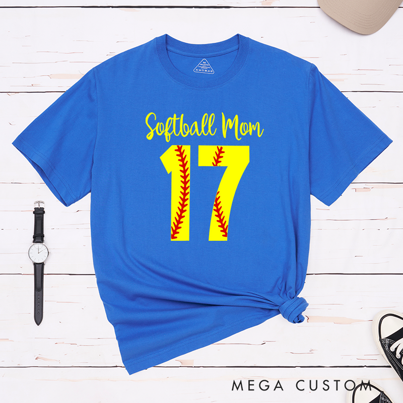 Personalized Softball Mom T-Shirt Design Featuring Customizable Player Number with Red Stitch Softball Pattern and Stylish Yellow Script Text