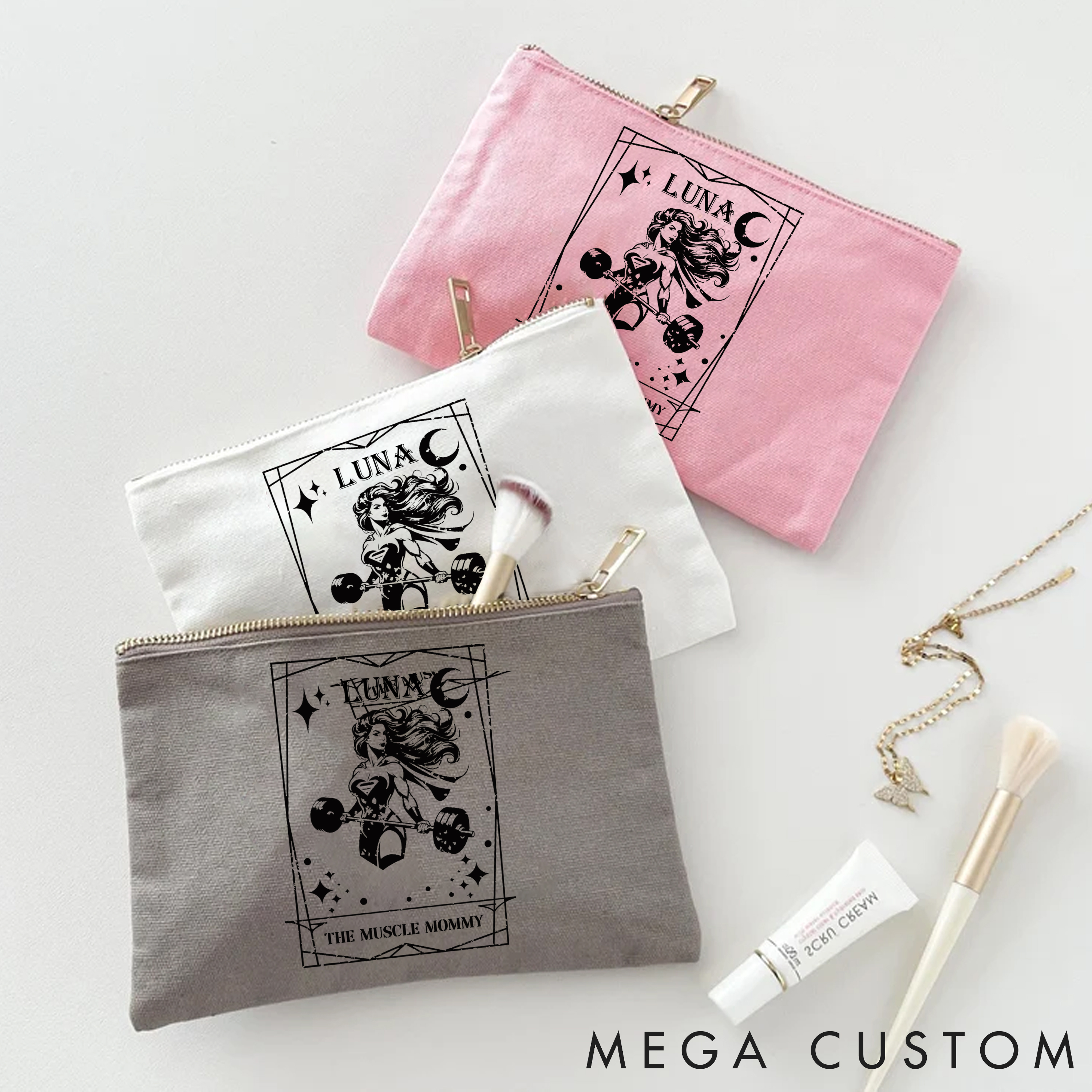 Personalized Zipper Makeup Bag with The Muscle Mommy Mystical and Powerful Design for Fitness Enthusiasts Bodybuilders and Gym Lovers