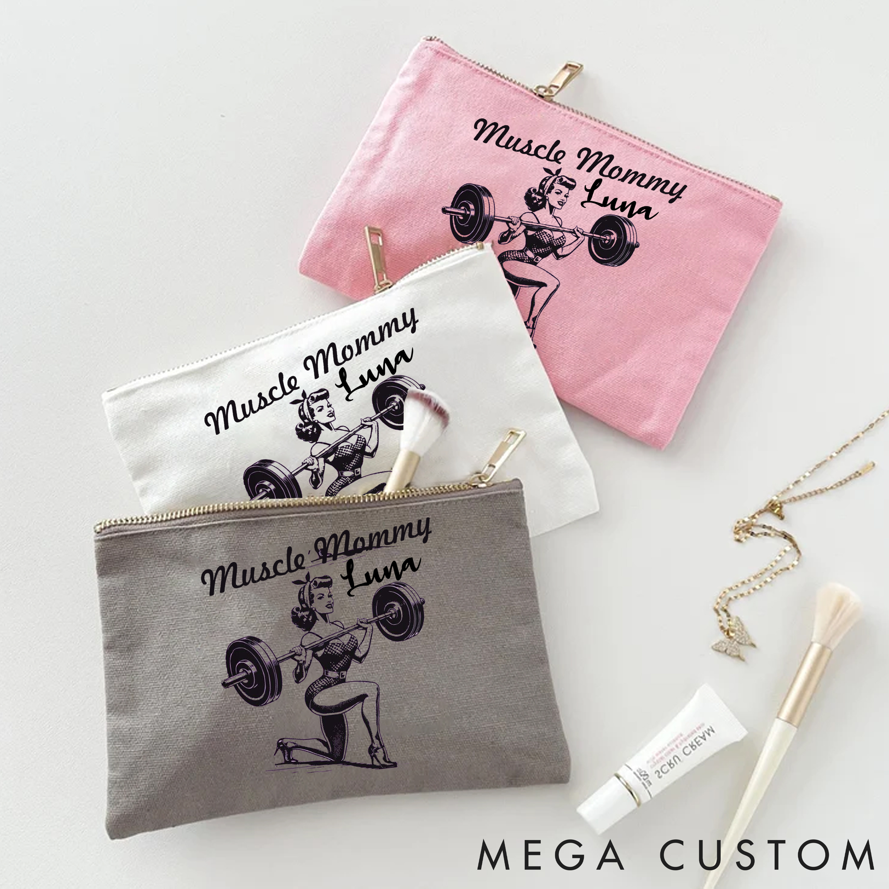 Personalized Zipper Makeup Bag with Muscle Mommy Strong and Elegant Design for Fitness Enthusiasts Bodybuilders and Gym Lovers