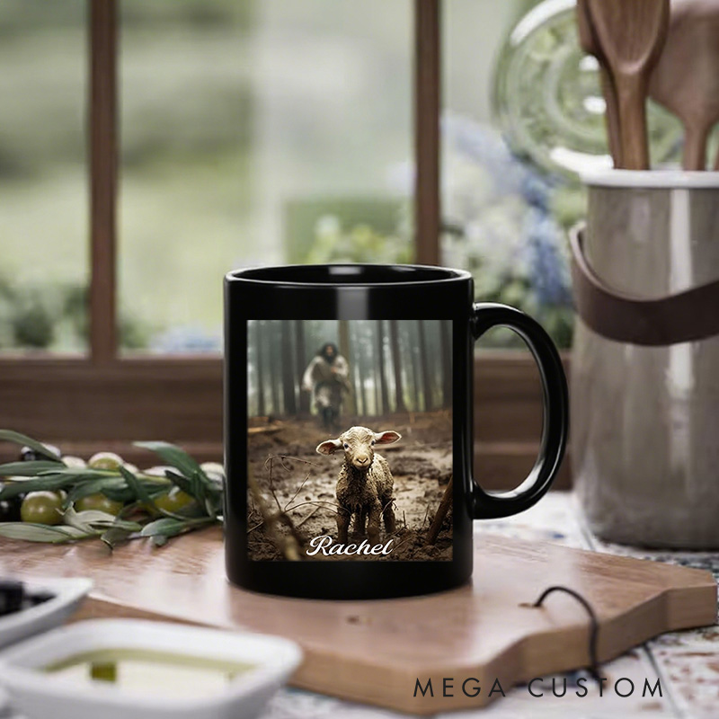 Personalized Jesus Running After a Lost Lamb Ceramic Mug with Name Religious Gift Birthday Gift for Christians