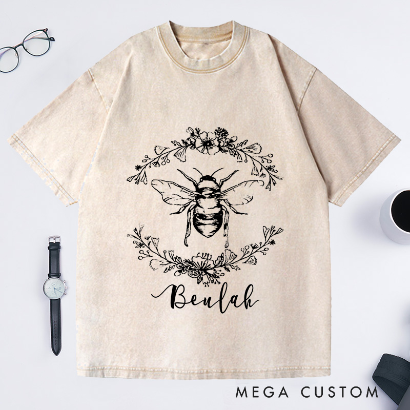 Personalized Bee Botanical Washed T-Shirts Ladies Shirt Screenprint Gift for Her