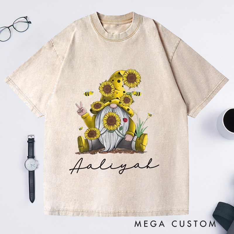 Personalized Sunflower Gnome Washed T-Shirts Bee Gnome Shirt Gnome Peace Sign Shirt Funny Gnome Shirt Spring Gnome Tee Cute Bee Gnome Shirt