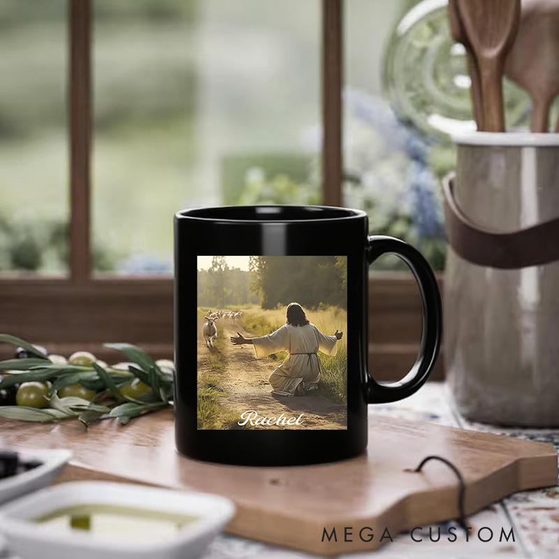 Personalized Lamb Runs to Jesus Ceramic Mug with Name Religious Gift Birthday Gift for Christians