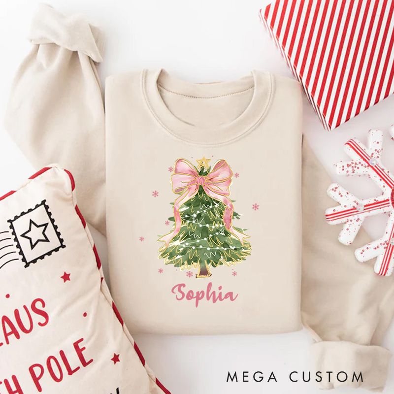 Personalized Christmas Tree Bow Sweatshirt Christmas Coquette Christmas Sweatshirt