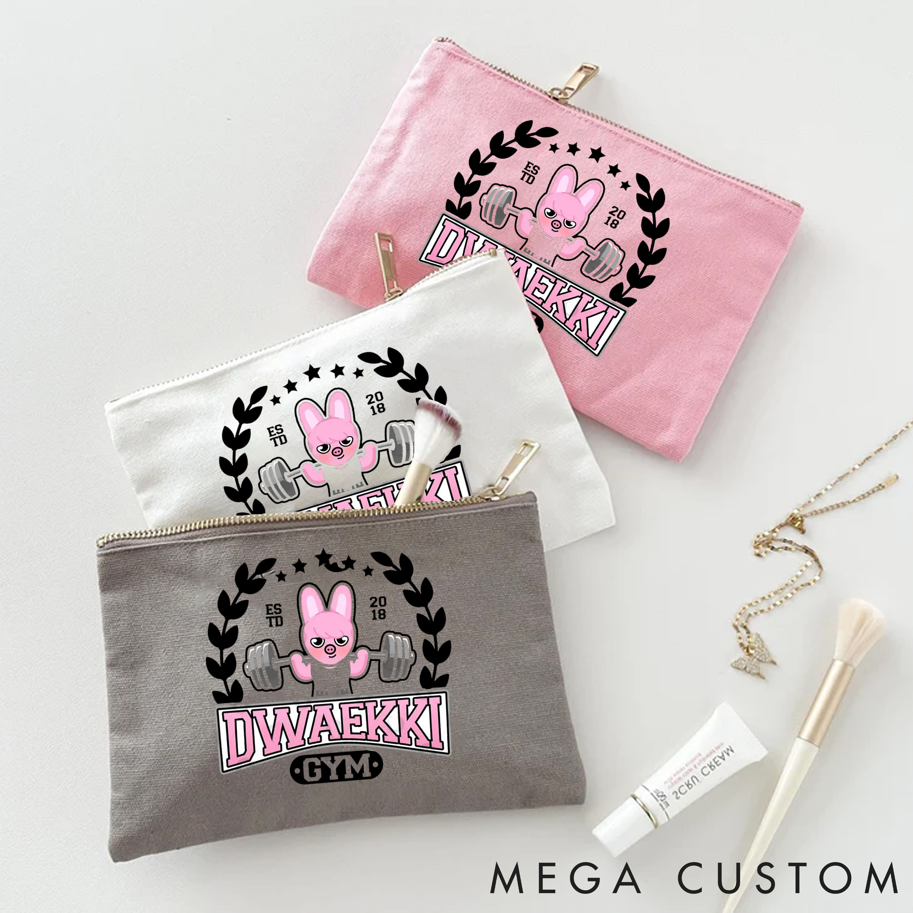 Personalized Zipper Makeup Bag with Adorable Bunny Weightlifting Theme for Fitness Enthusiasts Bodybuilders and Gym Lovers