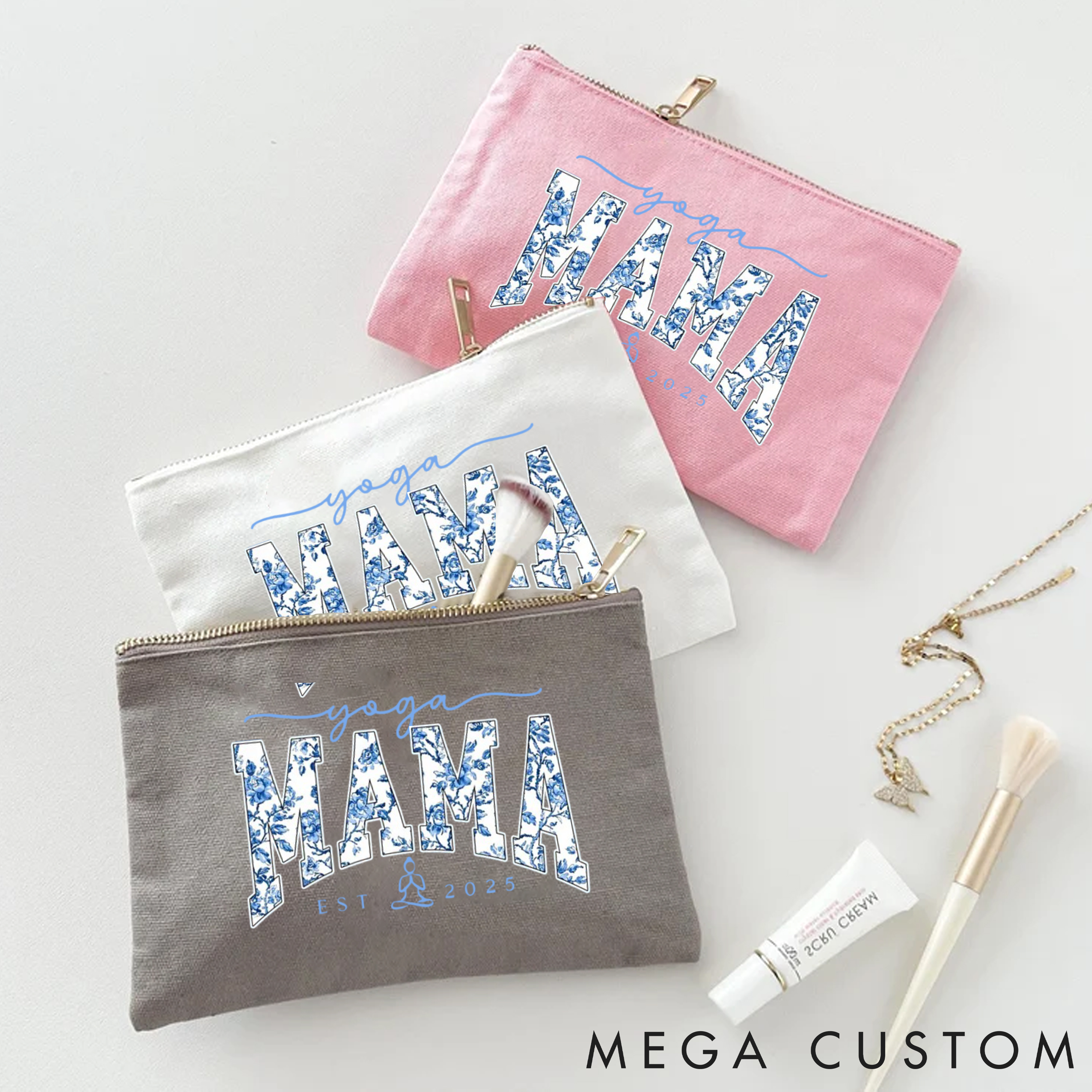 Personalized Yoga Mama Zipper Makeup Bag with Floral Design Custom Time Yoga Makeup Bag Gift Idea for Yoga Lover