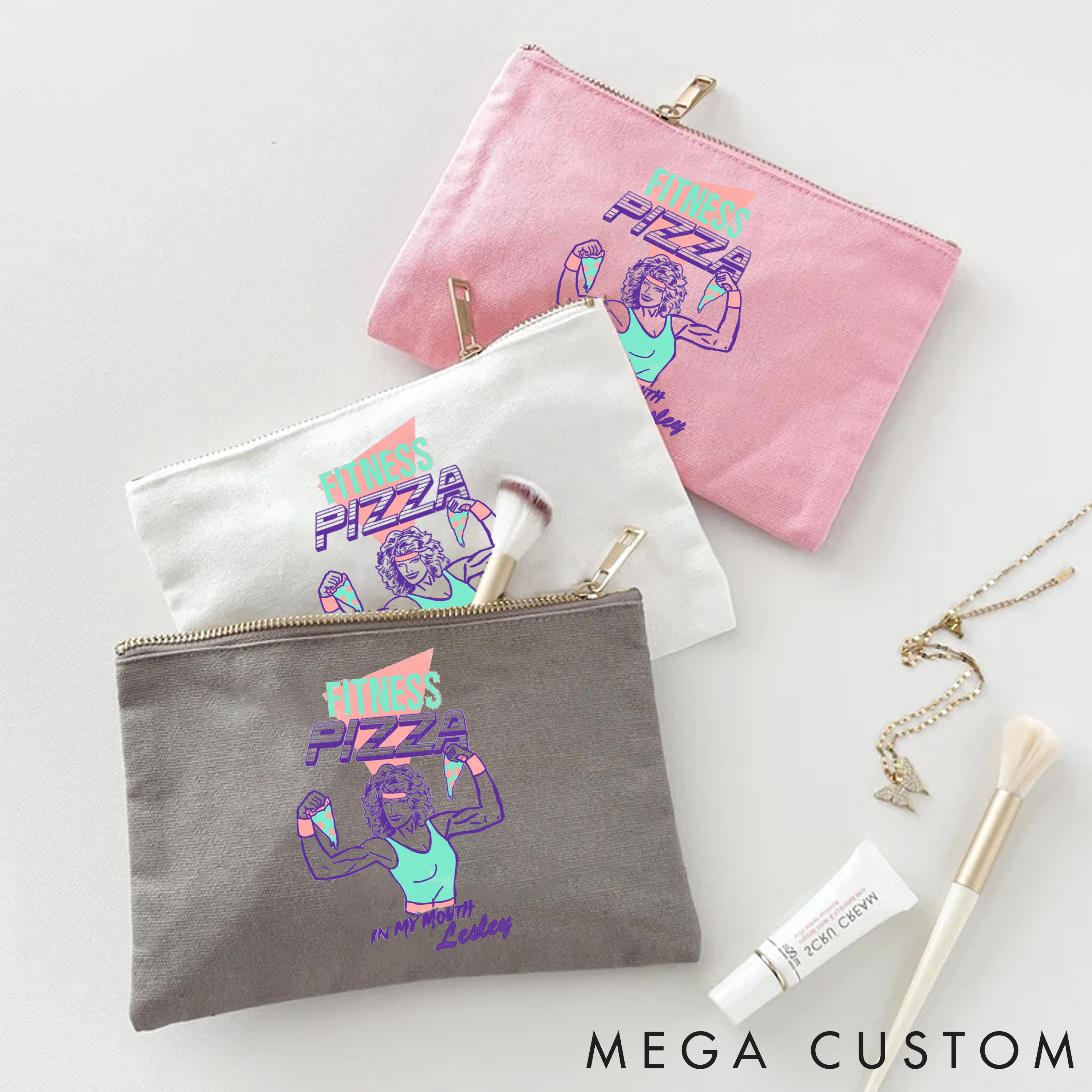 Personalized Zipper Makeup Bag with Playful Gym and Pizza Themed Artwork for Fitness Enthusiasts Bodybuilders and Gym Lovers