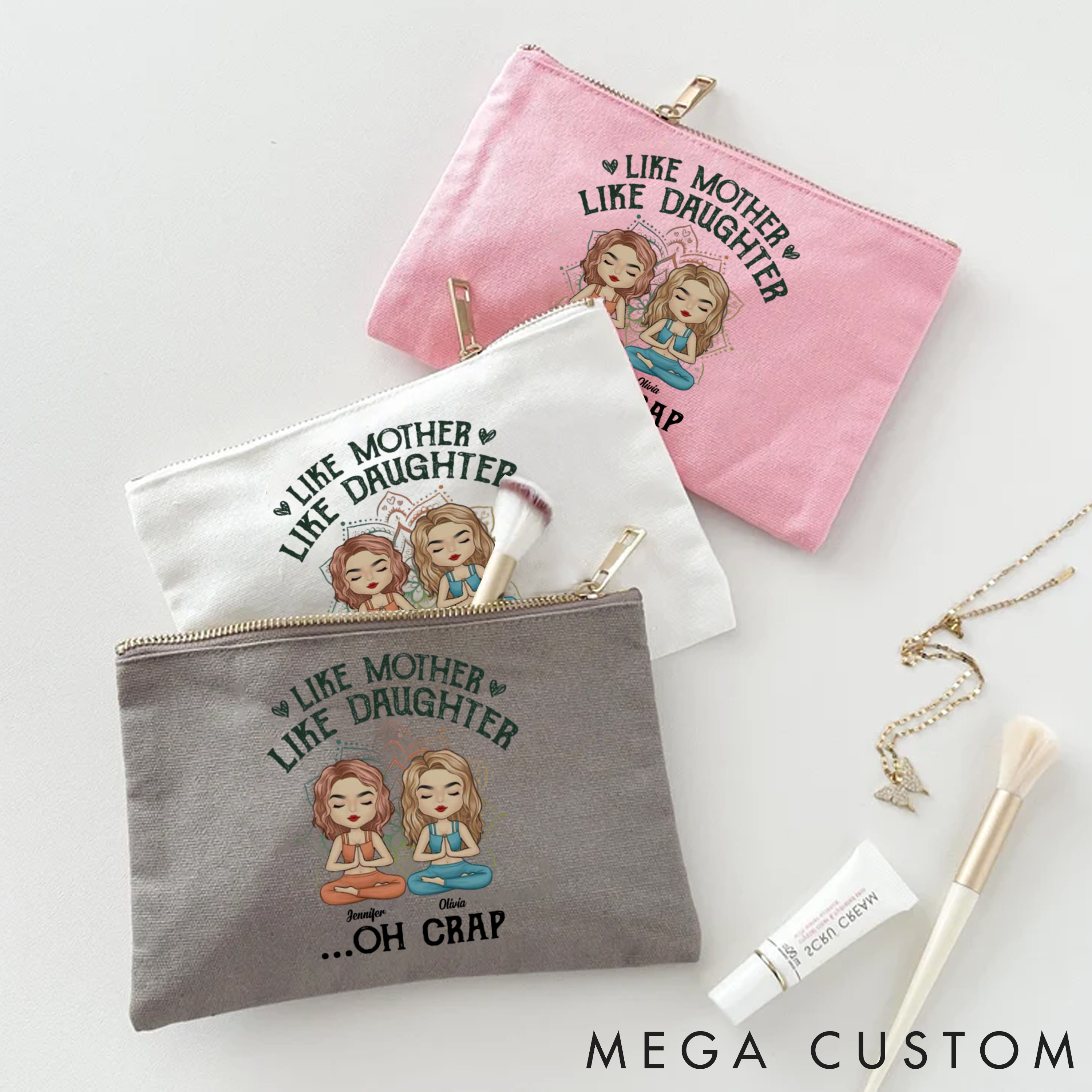Personalized Like Mother Like Daughter Yoga Zipper Makeup Bag Custom Name Yoga Makeup Bag Gift Idea for Yoga Lover