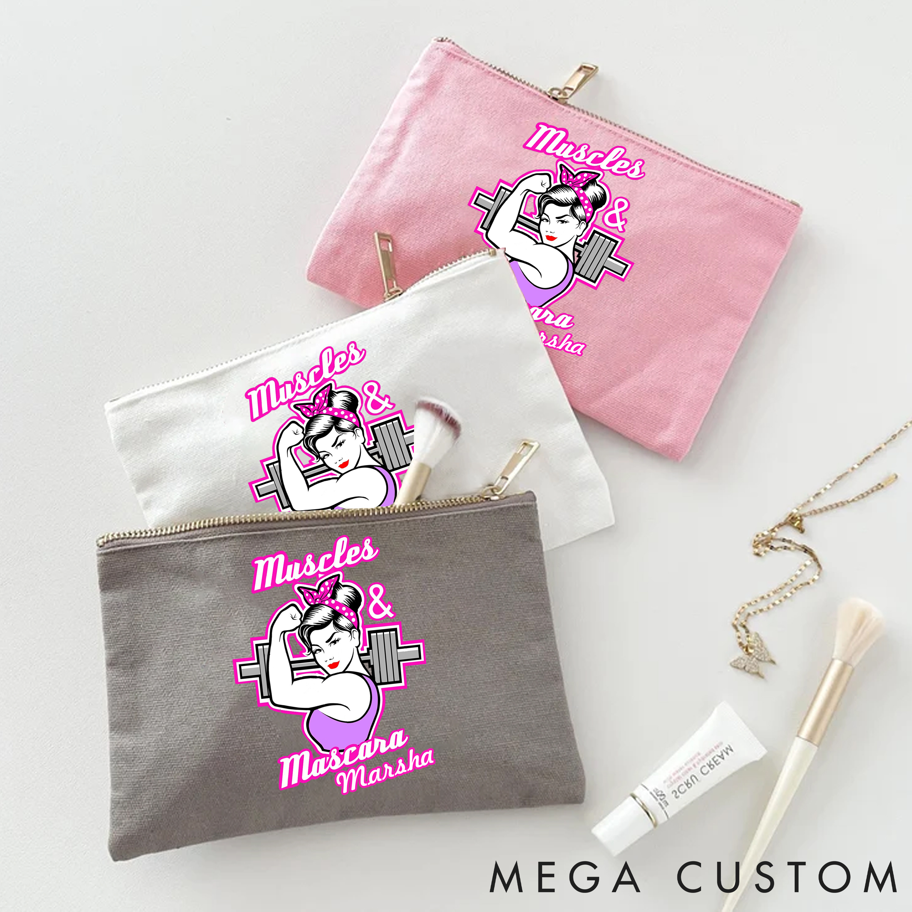 Personalized Zipper Makeup Bag with Feminine and Strong Gym Themed Artwork for Fitness Enthusiasts Bodybuilders and Gym Lovers