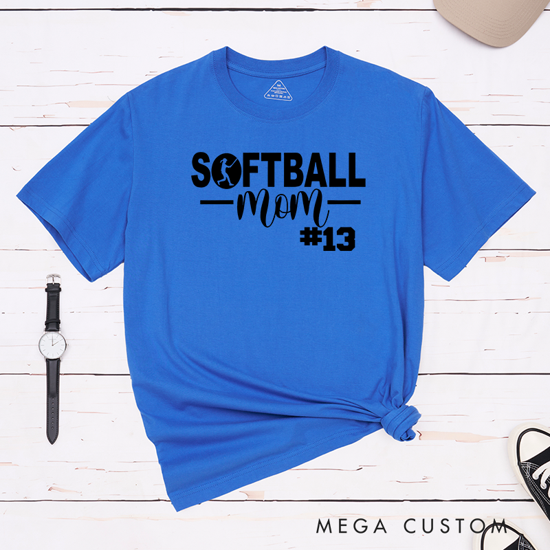 Personalized Softball Mom T-Shirt Design Featuring Bold Text Player Number and a Stylish Softball Silhouette Graphic