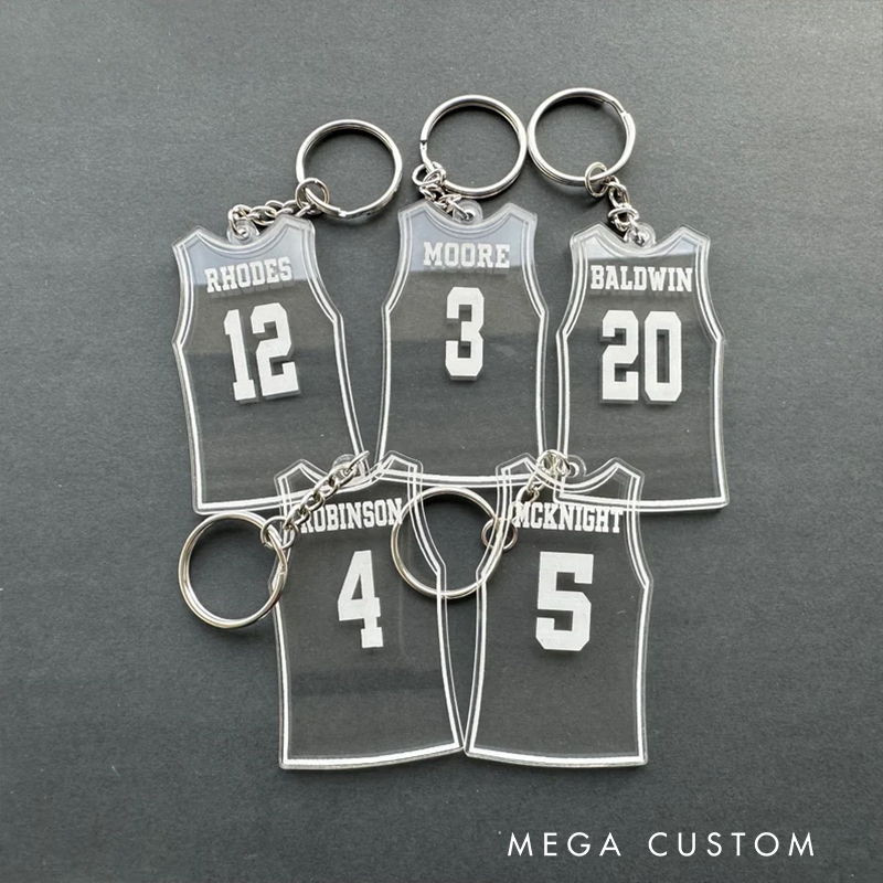 Personalized Jersey Keychains with Custom Name and Number Featuring a Sports Jersey Design Perfect for Athletes and Fans