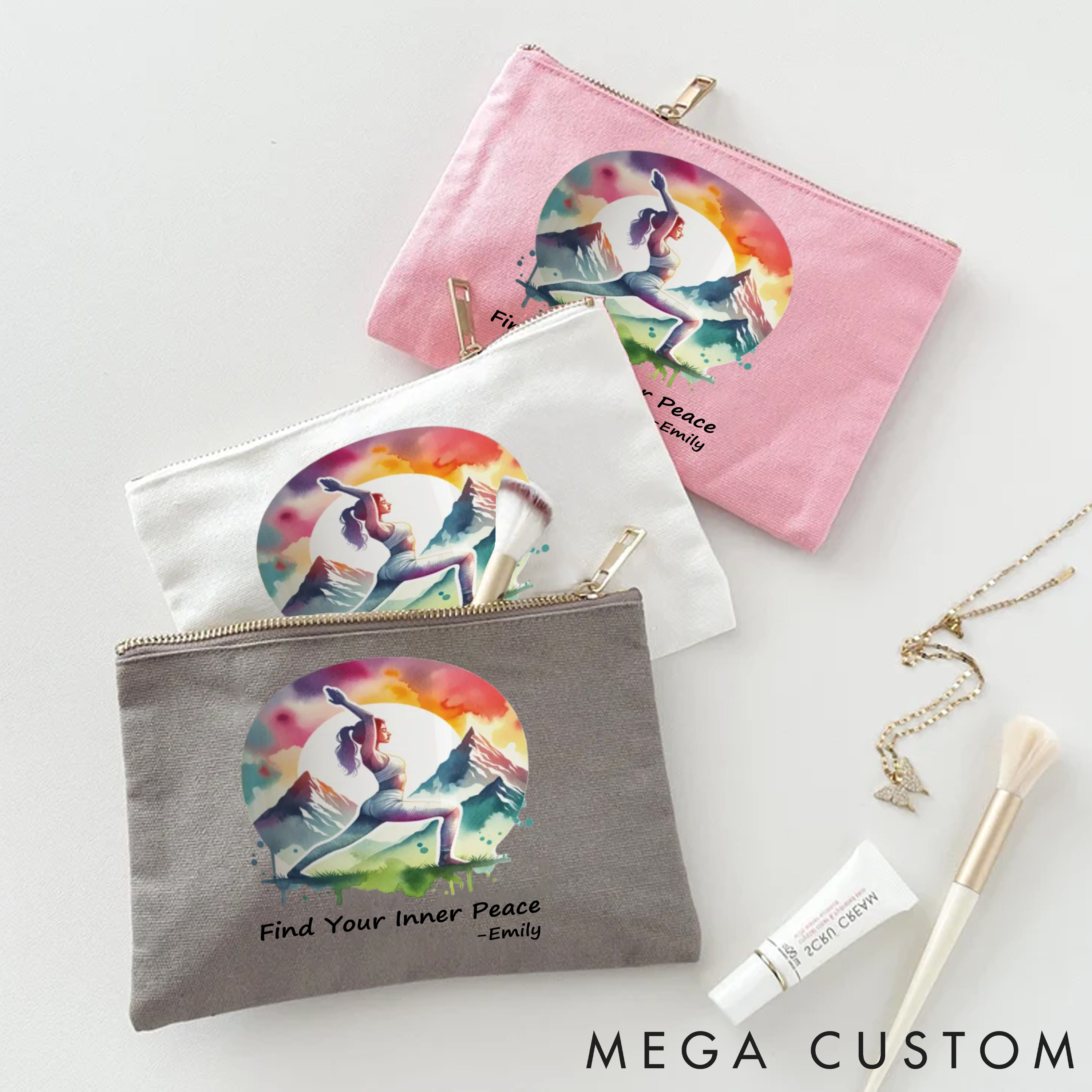 Personalized Zipper Makeup Bag with Inspiring Design Custom Name Yoga Makeup Bag Gift Idea for Yoga Lover