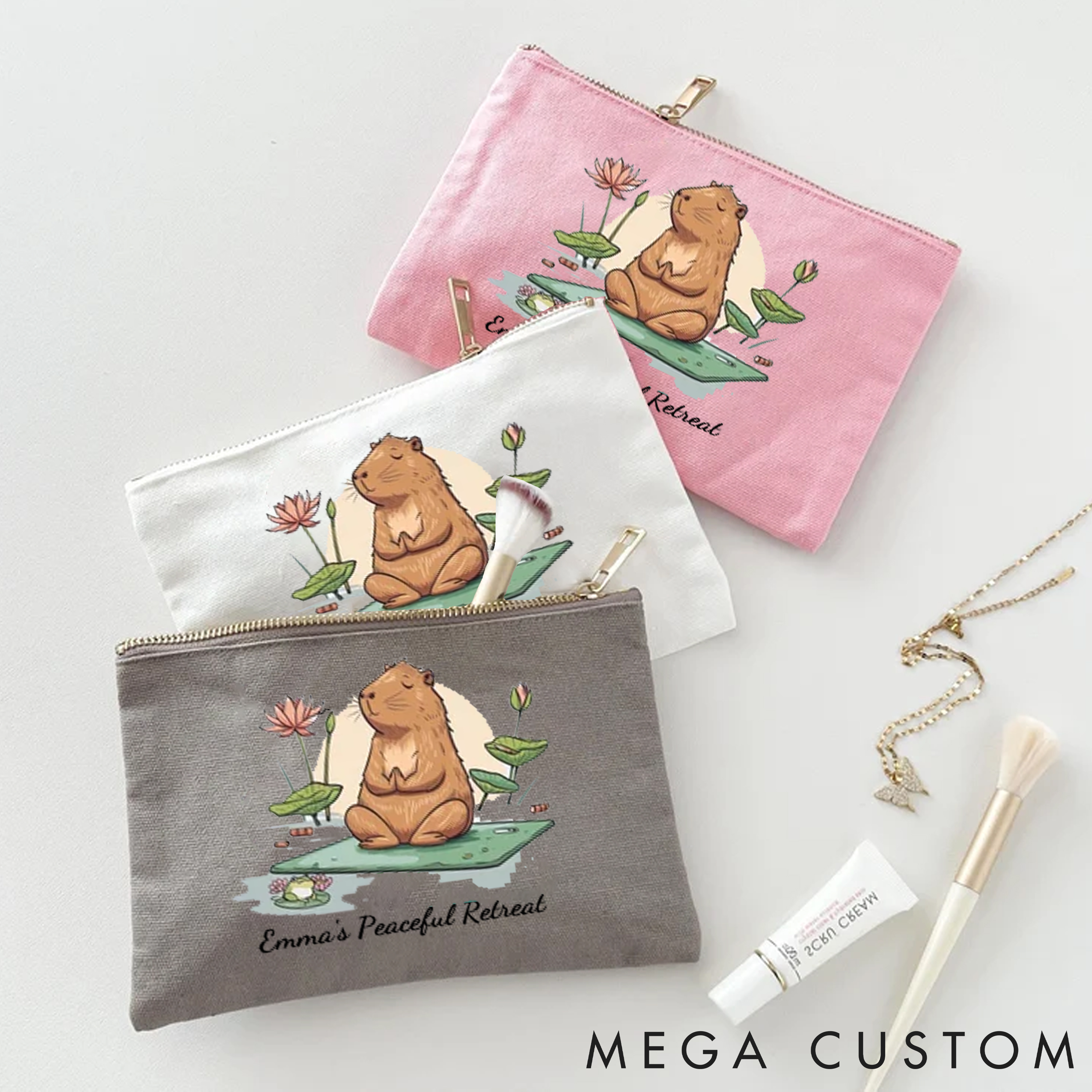Personalized Zipper Makeup Bag with Peaceful Capybara Design Custom Name Yoga Makeup Bag Gift Idea for Yoga Lover