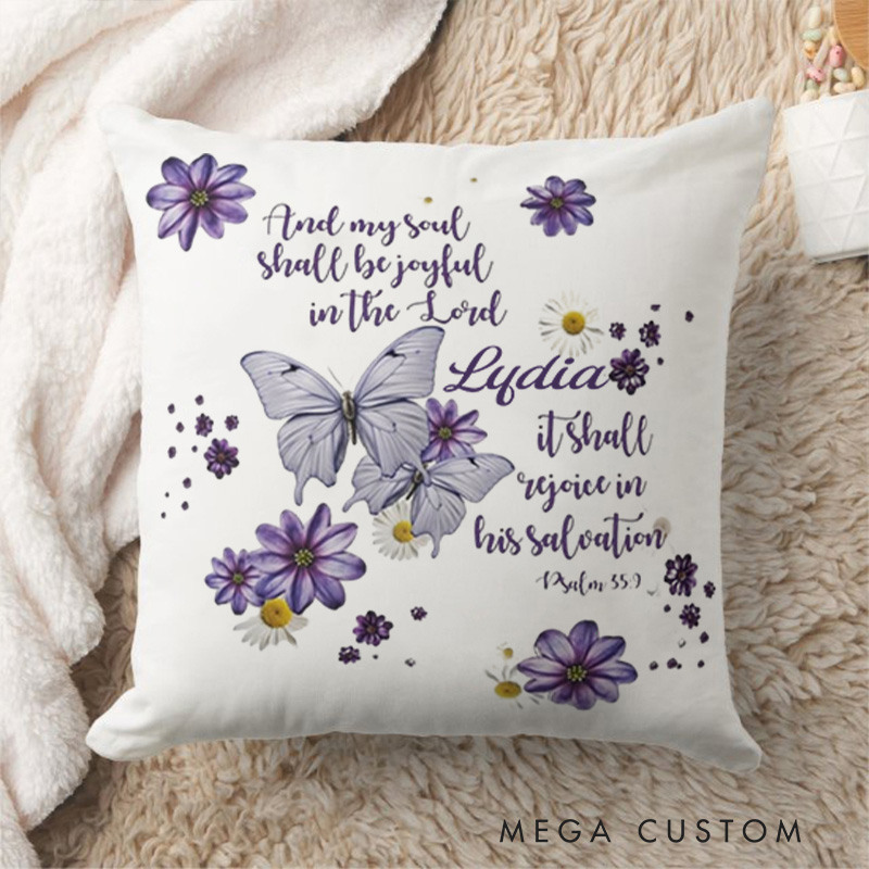 Personalized and My Soul shall be Joyful in the Lord Psalm 35:9 Bible Verse Throw Pillow with Name Religious Home Decor Birthday Gift for Women