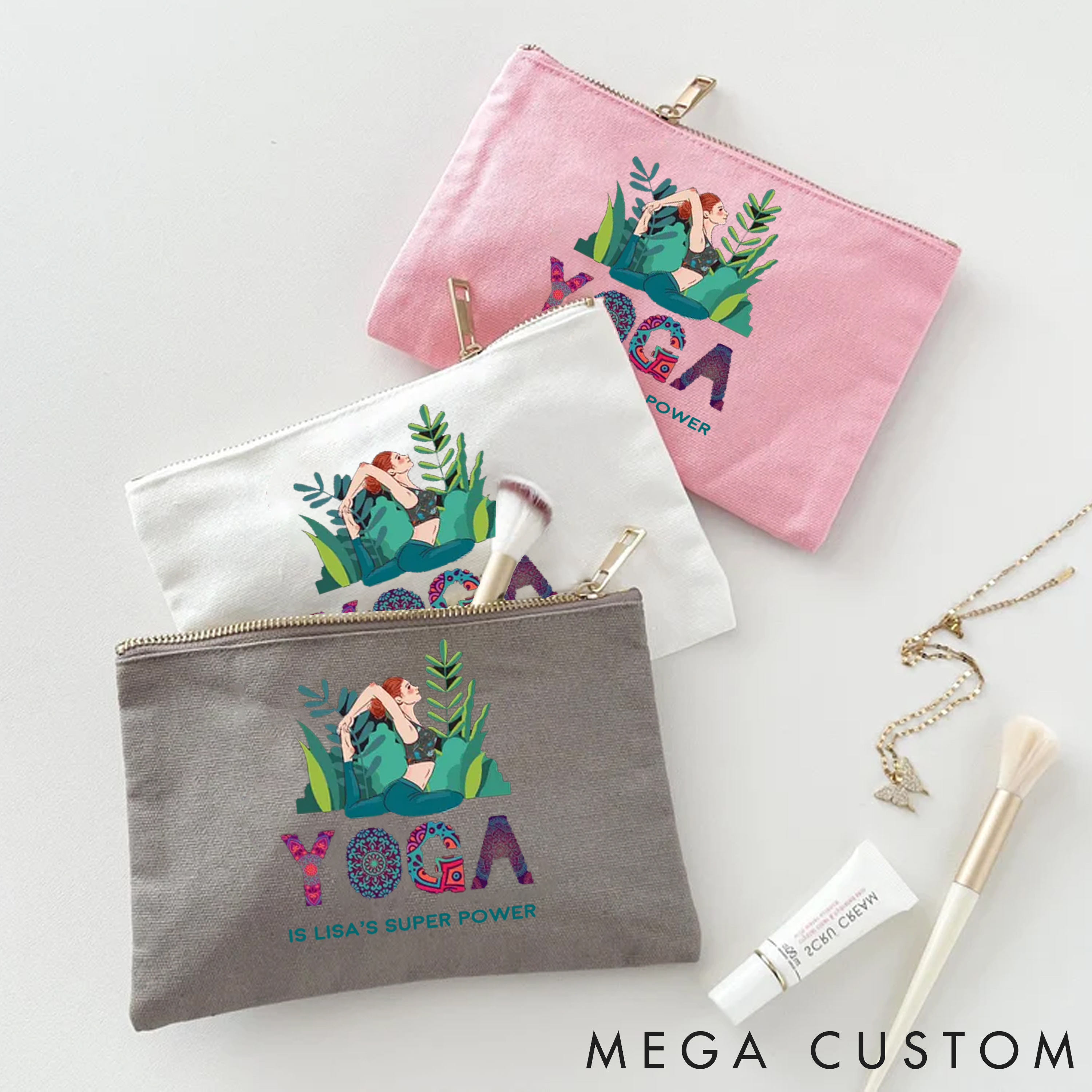 Personalized Yoga Superpower Makeup Bag with Nature-Inspired Design Custom Name Yoga Makeup Bag Gift Idea for Yoga Lover