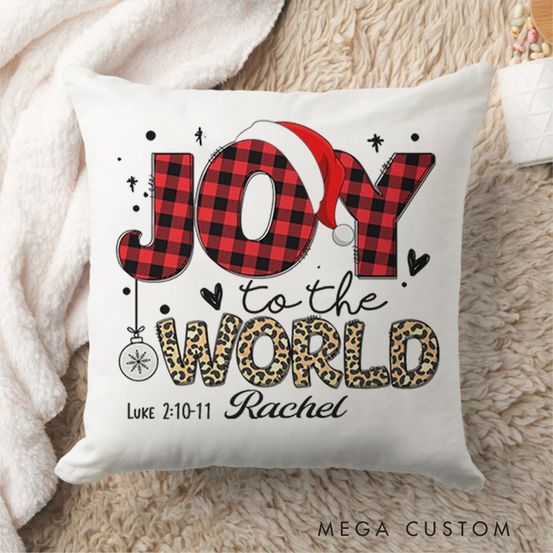 Personalized Joy to the World Buffalo Plaid Leopard Throw Pillow with Name Religious Home Decor Christmas Gift for Women
