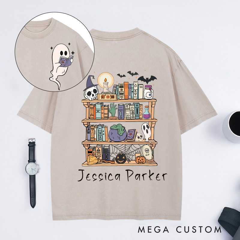 Personalized Ghost Book Reader Washed T-Shirts Halloween Library Shirt Halloween Reading Tee Book Lover Gift Skeleton Book Club Reading Shirts