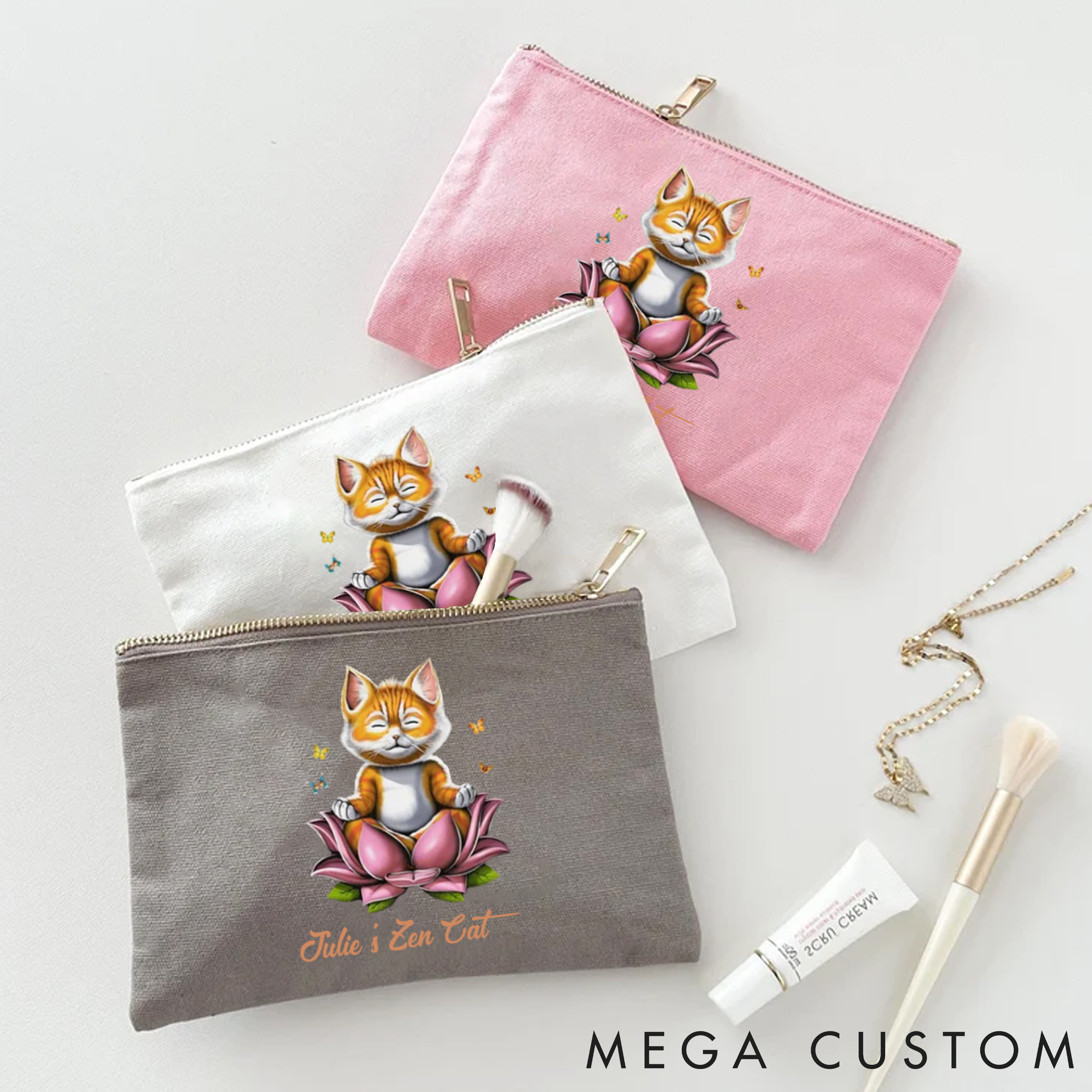 Personalized Makeup Bag with Zen Cat and Adorable Lotus Design Custom Name Yoga Makeup Bag Gift Idea for Yoga Lover