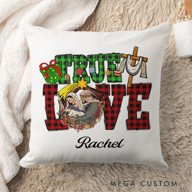 Personalized True Love Buffalo Plaid Throw Pillow with Name Religious Home Decor Christmas Gift for Women