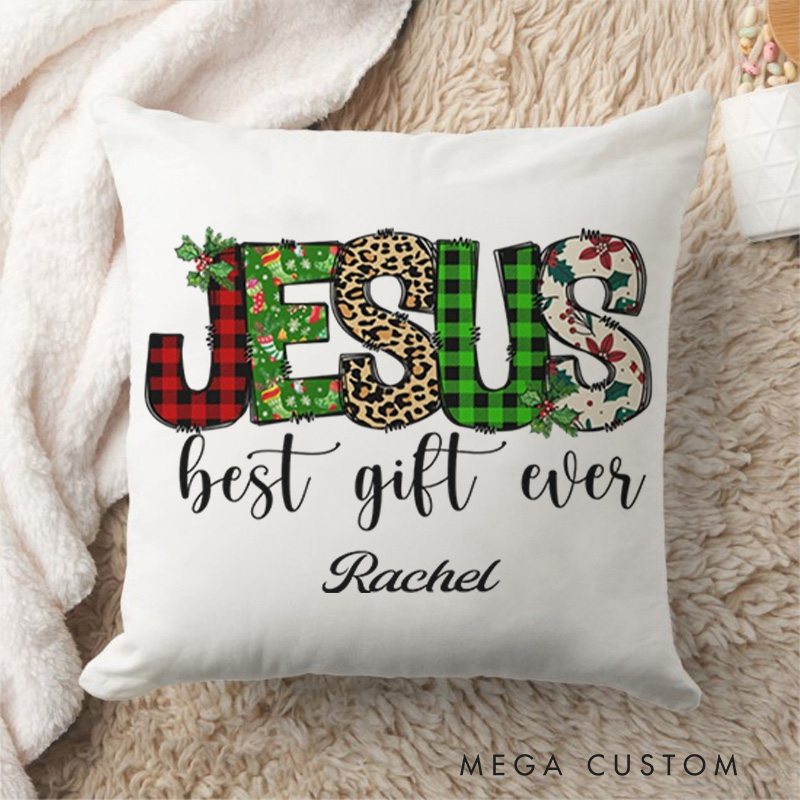 Personalized Jesus Best Gift ever Buffalo Plaid Leopard Throw Pillow with Name Religious Home Decor Christmas Gift for Women