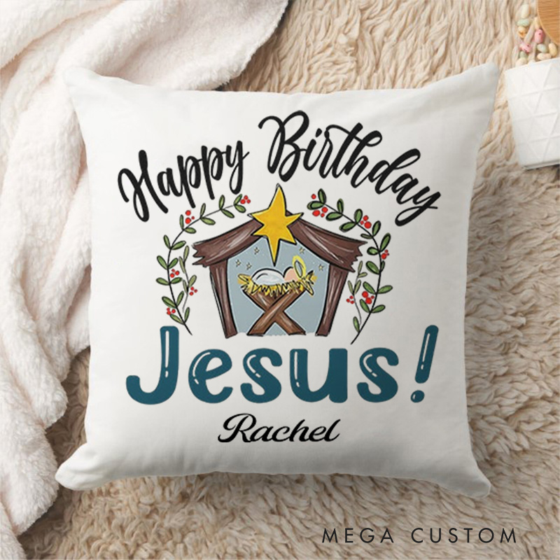 Personalized Jesus in a Manger Happy Birthday Jesus Throw Pillow with Name Religious Home Decor Christmas Gift for Women