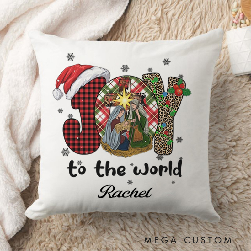 Personalized Joy to the World Buffalo Plaid Leopard Throw Pillow with Name Religious Home Decor Christmas Gift for Women