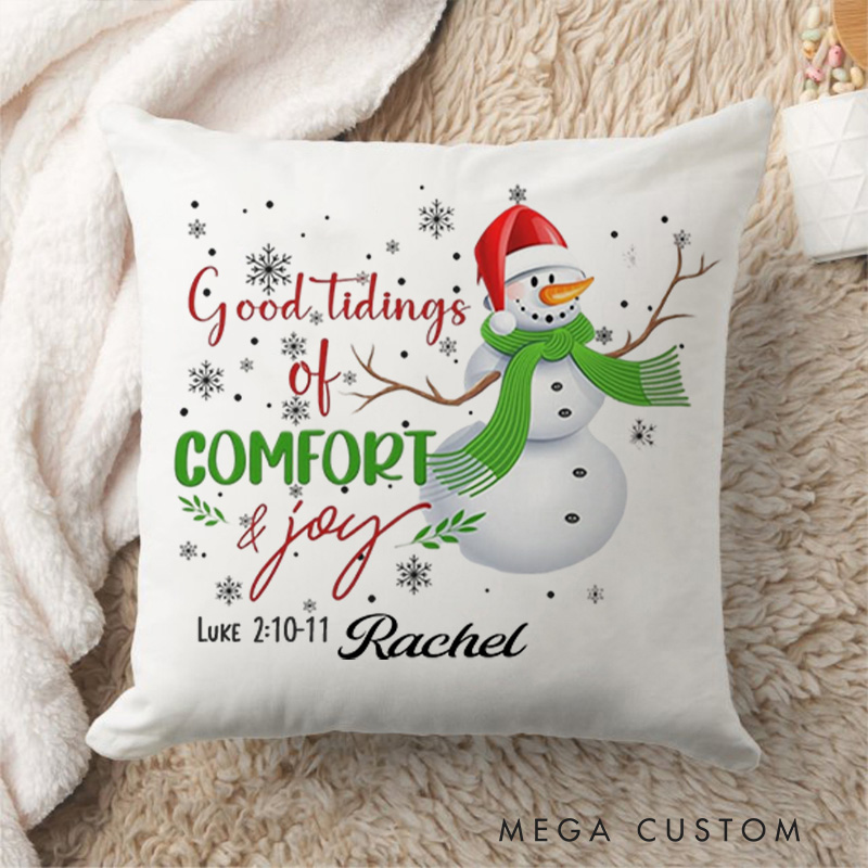 Personalized Good Tidings of Comfort and Joy Snowman Throw Pillow with Name Religious Home Decor Christmas Gift for Women