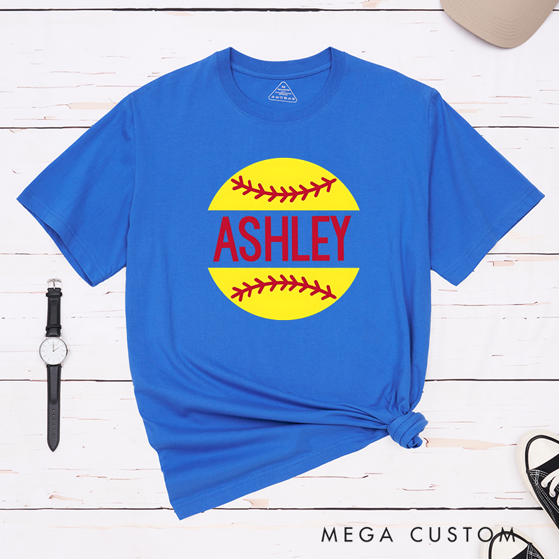 Personalized Softball T-Shirt Design Featuring Custom Name Bold Text and Bright Softball Graphic