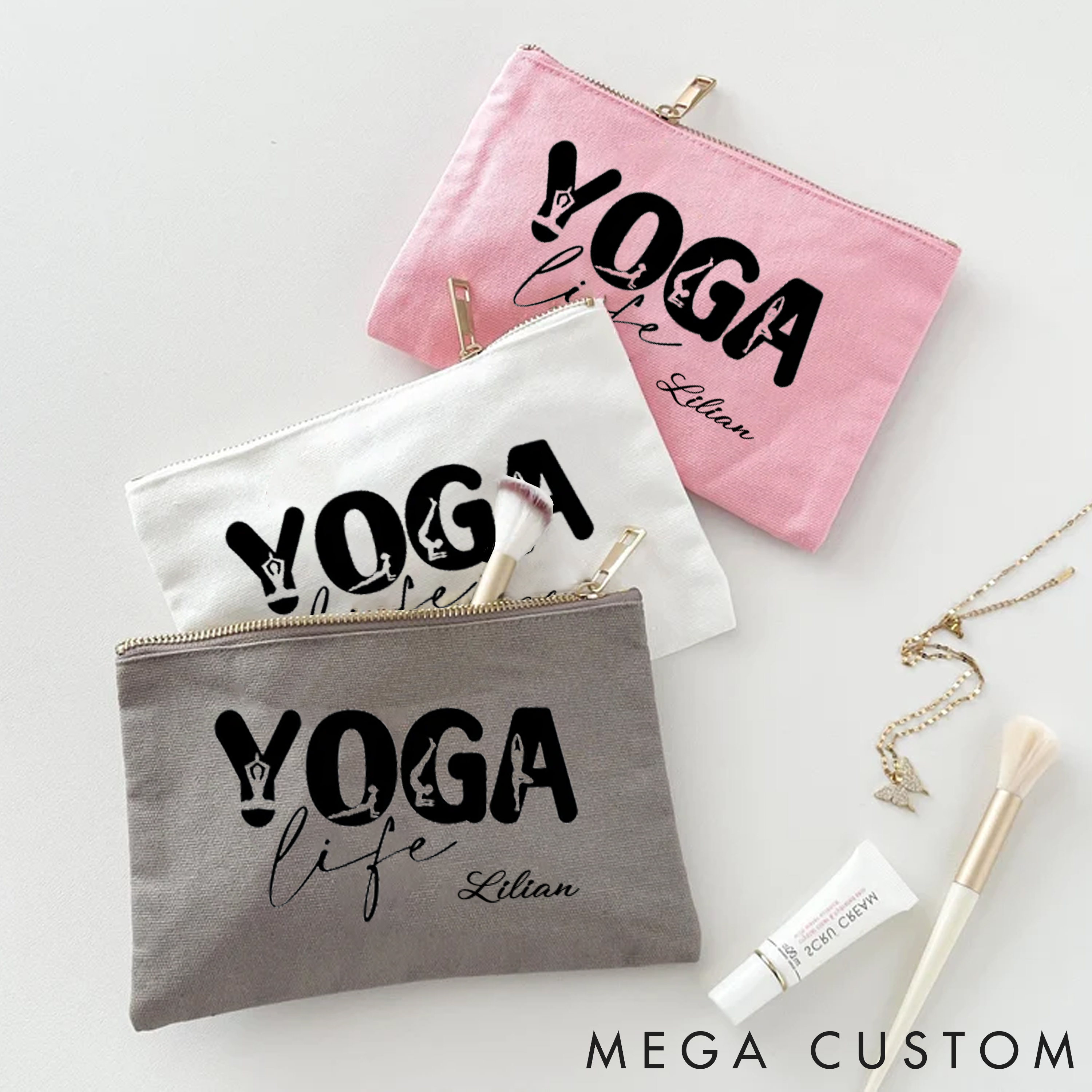 Personalized Yoga Life Makeup Bag with Minimalist Design Custom Name Yoga Makeup Bag Gift Idea for Yoga Lover