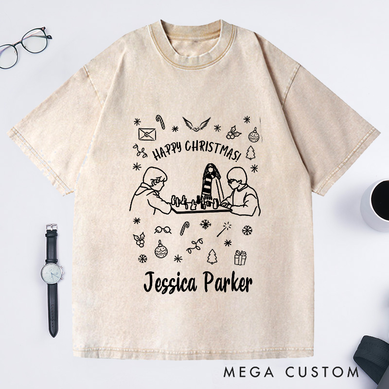Personalized Happy Christmas Shirt Bookish Light Academia Washed T-Shirts Fantasy Book Fandom Merch Booknerd Gift Booklover Read Book Loving Tee Book Nerd Clothes