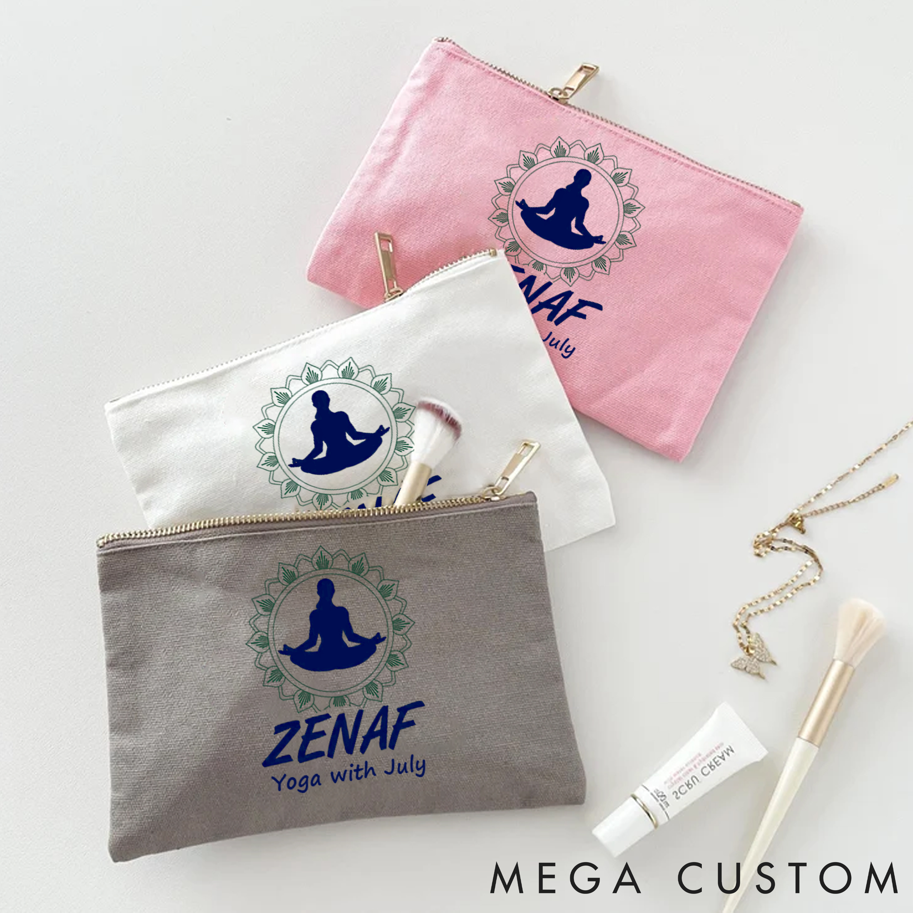 Personalized Makeup Bag with ZENAF Yoga and Elegant Lotus Design Custom Name Yoga Makeup Bag Gift Idea for Yoga Lover
