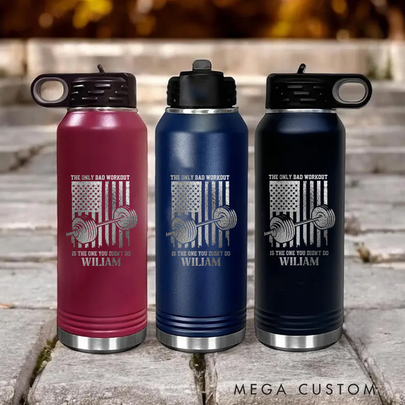 Personalized Gym Water Bottles with Patriotic American Flag and Barbell Print for Fitness Enthusiasts Bodybuilders and Gym Lovers