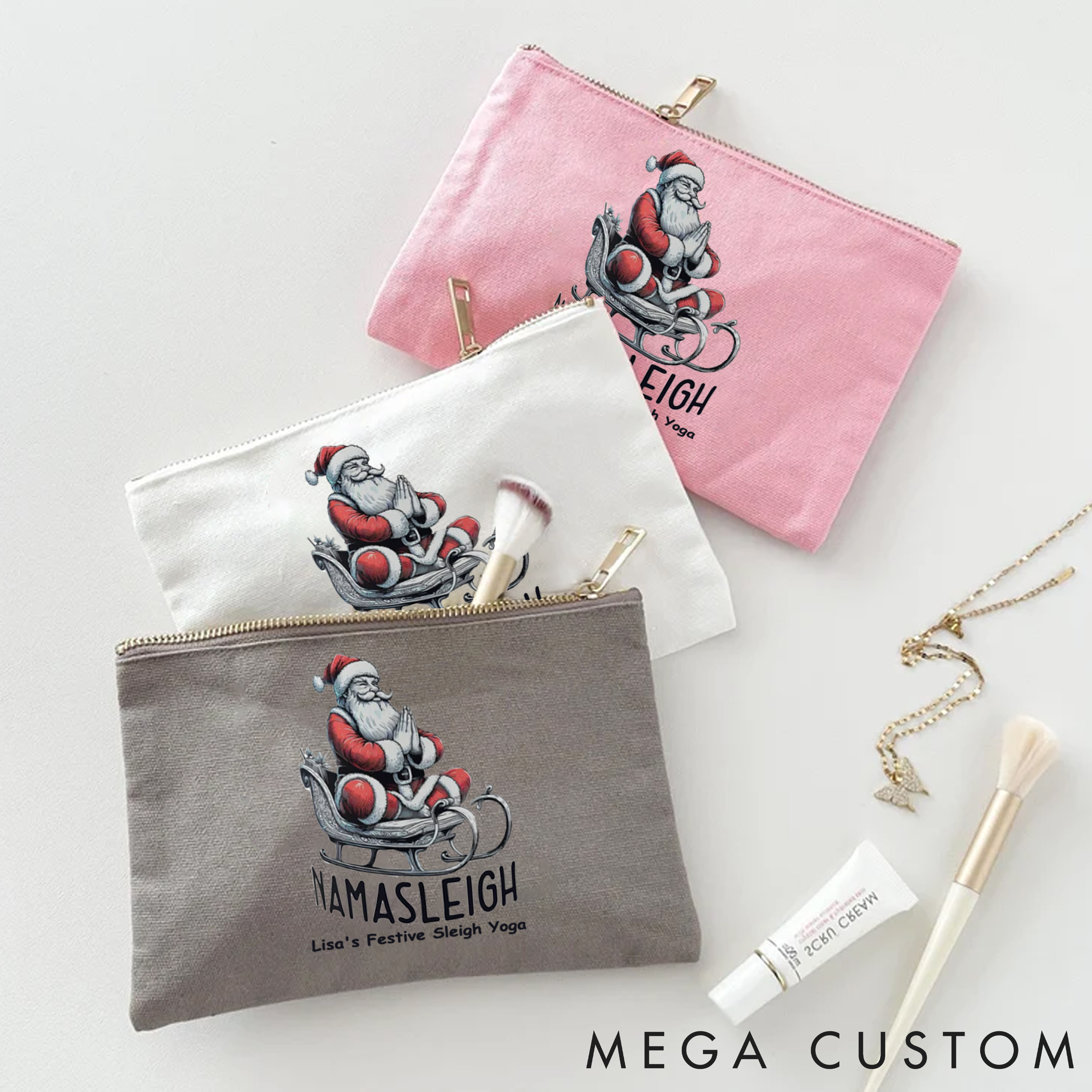 Personalized Christmas Yoga Makeup Bag with Fun Santa Sleigh Design Custom Name Yoga Makeup Bag Gift Idea for Yoga Lover