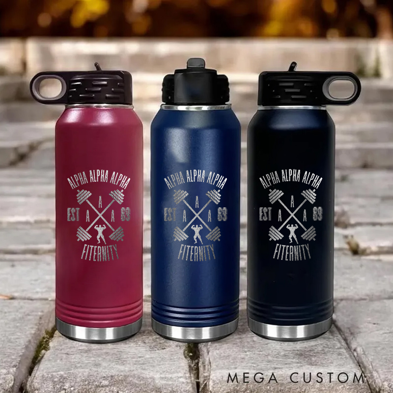 Personalized Gym Water Bottles with Alpha Alpha Alpha Fitternity Crossed Barbell Logo for Fitness Enthusiasts Bodybuilders and Gym Lovers