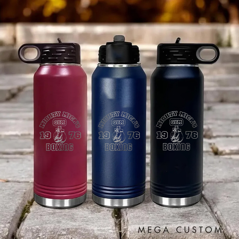 Personalized Gym Water Bottles with Classic Boxing Glove Emblem and Established Year for Fitness Enthusiasts Bodybuilders and Gym Lovers