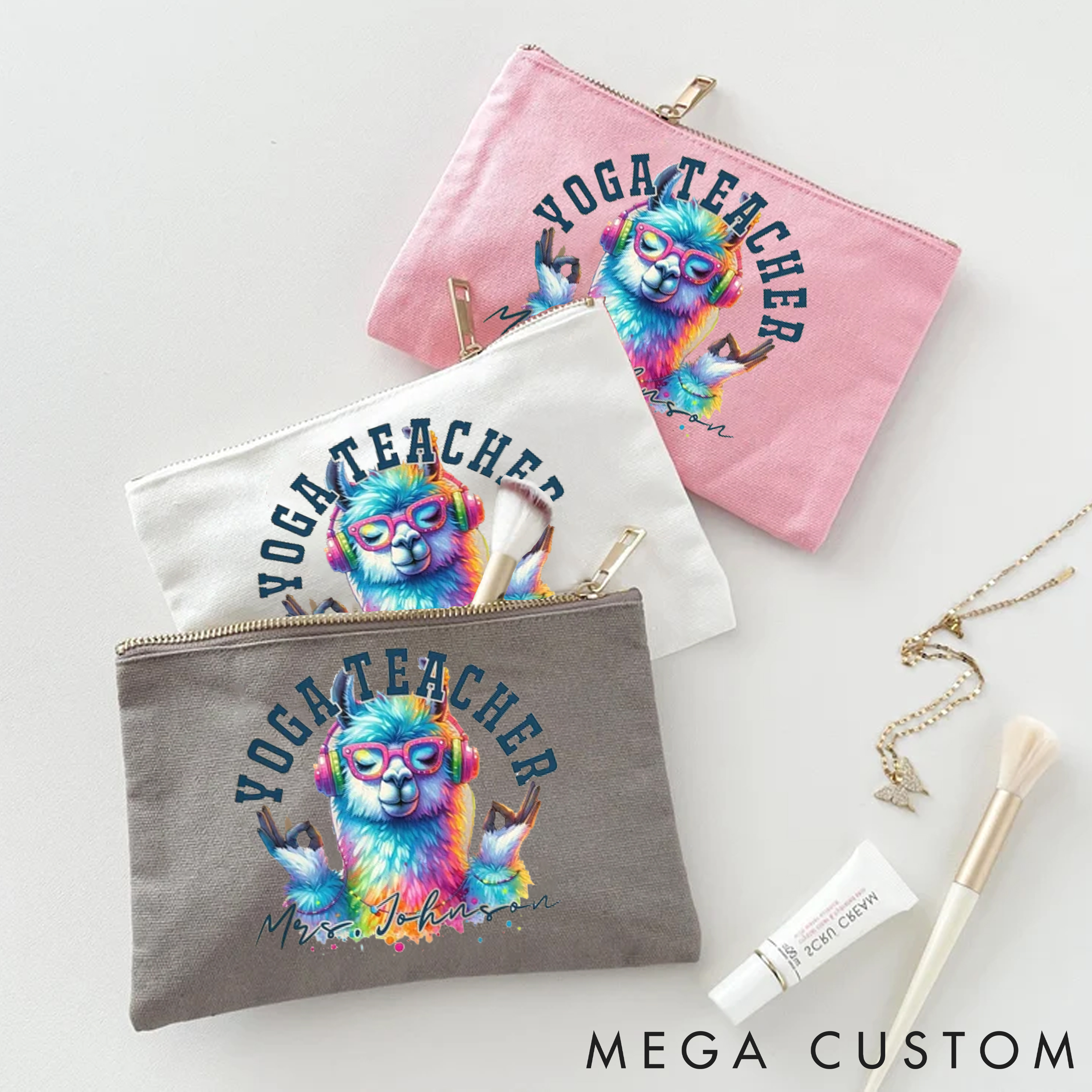Personalized Yoga Teacher Makeup Bag with Funny Rainbow Llama Design Custom Name Yoga Makeup Bag Gift Idea for Yoga Lover