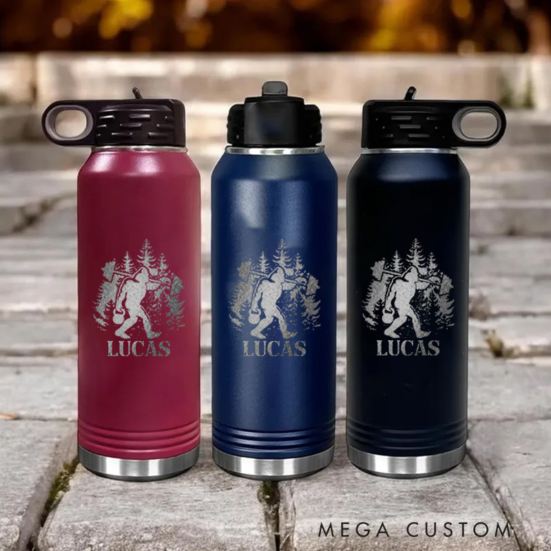 Personalized Gym Water Bottles with Bigfoot in the Forest Design for Fitness Enthusiasts Bodybuilders and Gym Lovers