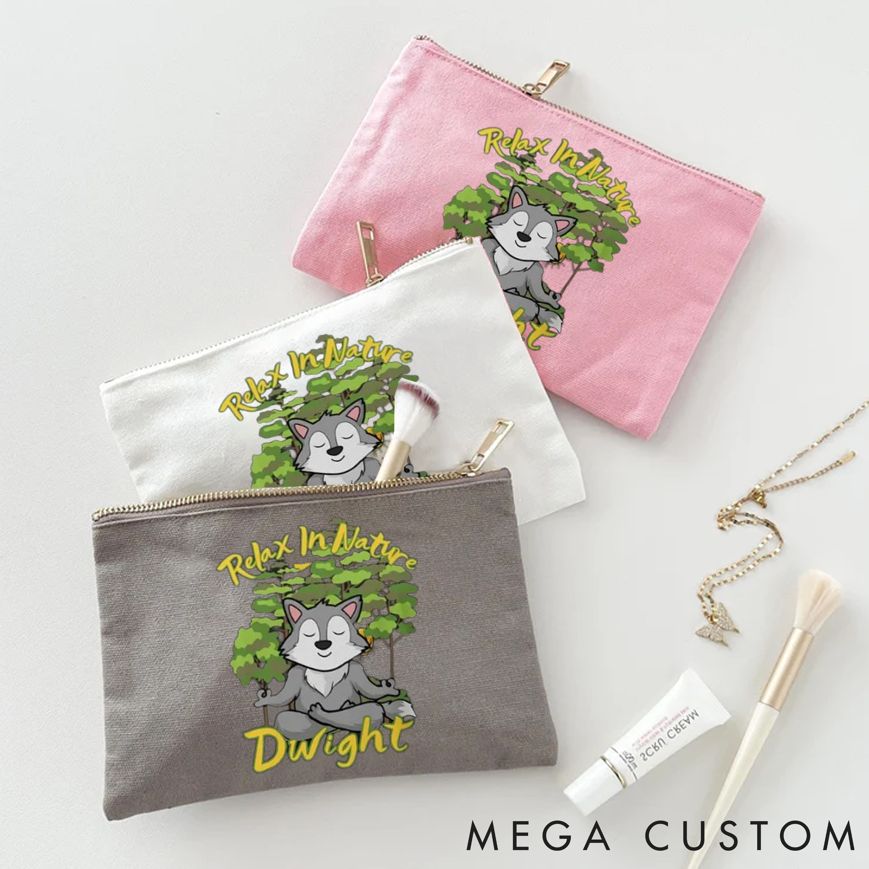 Personalized Yoga Makeup Bag with Relax in Nature and Cute Fox Design Custom Name Yoga Makeup Bag Gift Idea for Yoga Lover
