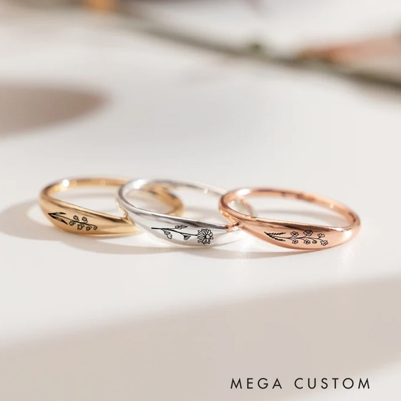 Personalized Engraved Birth Flower Ring Birthday Gifts for Her