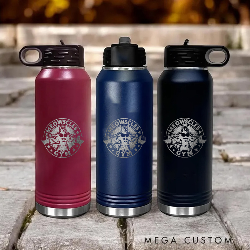 Personalized Gym Water Bottles with Muscular Cat Design and Star Accents for Fitness Enthusiasts Bodybuilders and Gym Lovers